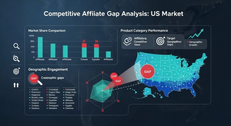 A digital marketing infographic showcasing a competitive affiliate gap analysis for the US market, featuring charts, data, and a map of the United States with highlighted opportunities. It visually represents identifying market gaps, benchmarking strategies, and finding underserved niches.